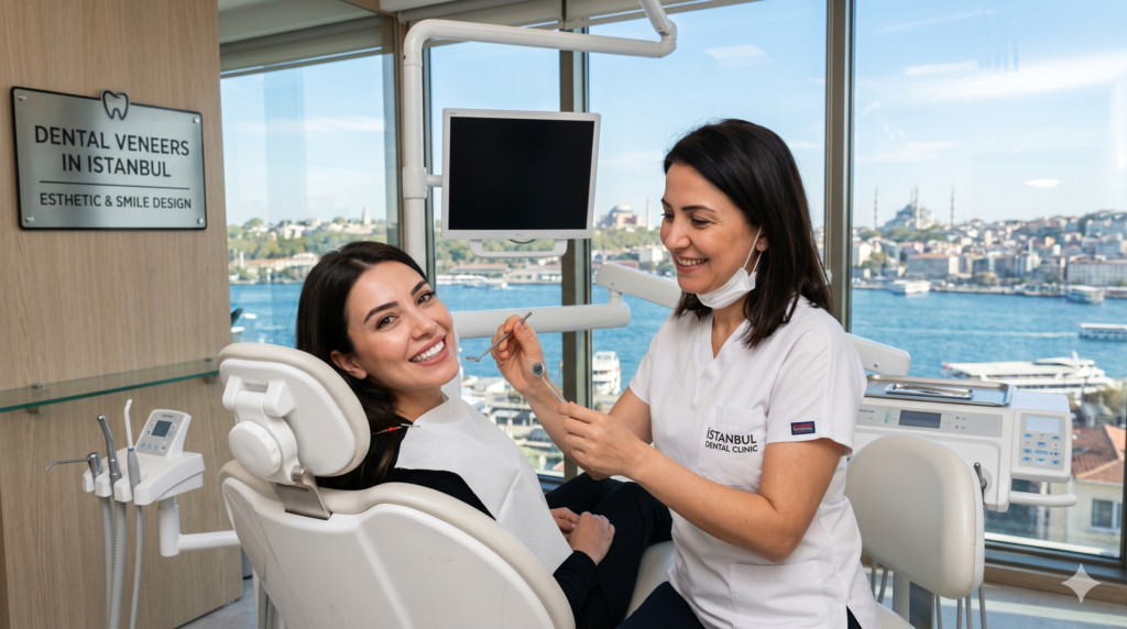 DENTAL VENEERS IN ISTANBUL luxury smile makeover treatment with natural-looking porcelain veneers, Hollywood Smile design, modern dental clinic, and cosmetic dentistry in Istanbul, Turkey.