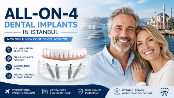 ALL-ON-4 Dental Implants in Istanbul advertisement featuring smiling international patients, full arch implant system, modern dental implants, and Istanbul skyline background.