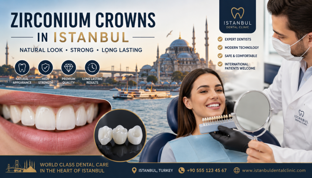 Zirconium Crowns in Istanbul for natural-looking smile design, cosmetic dentistry, dental veneers, full mouth restoration, experienced dentists, and modern dental clinics in Turkey. Zirconium Crowns in Istanbul